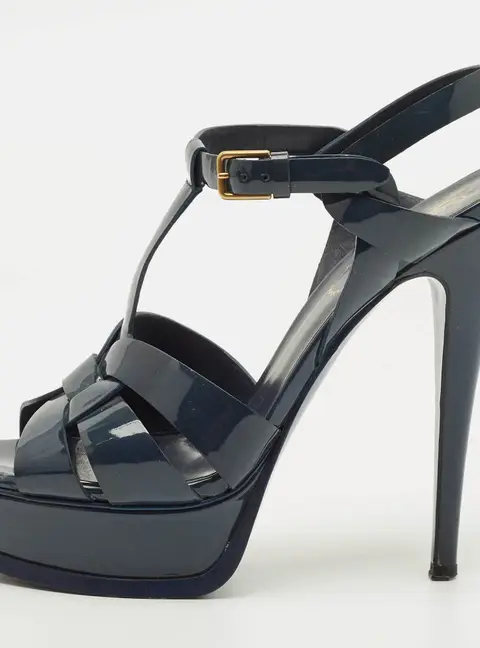 Saint Laurent Tribute Size 37 Navy Blue Patent Leather Platform Sandals
