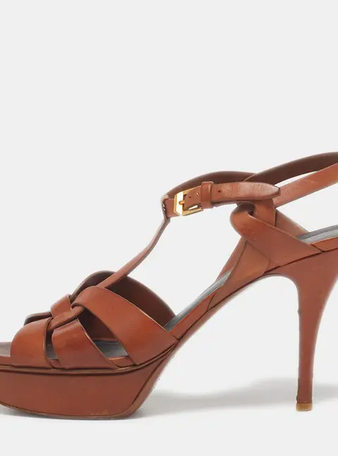 Saint Laurent Tribute Size 39.5 Brown Leather Ankle Strap Sandals