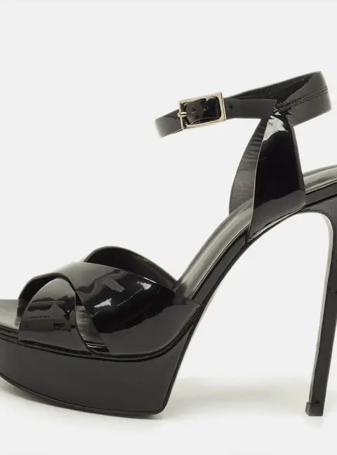 Saint Laurent Bianca Size 37 Black Patent Leather Ankle Strap Sandals