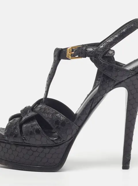 Saint Laurent Tribute Size 36.5 Black Python Embossed Leather Platform Sandals