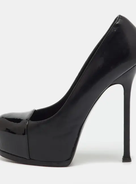 Saint Laurent Black Leather and Patent Leather Cap Toe Tribtoo Platform Pumps Size 38