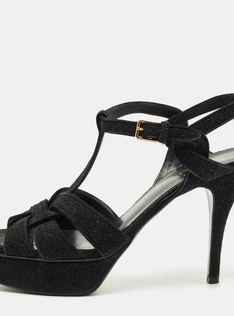 Saint Laurent Black Glitter Suede Tribute Platform Sandals Size 40