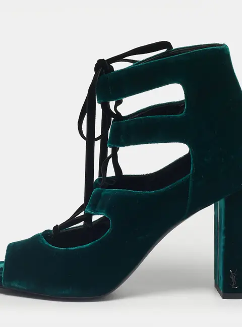 Saint Laurent Dark Green Velvet Loulou Ankle Tie Sandals Size 41