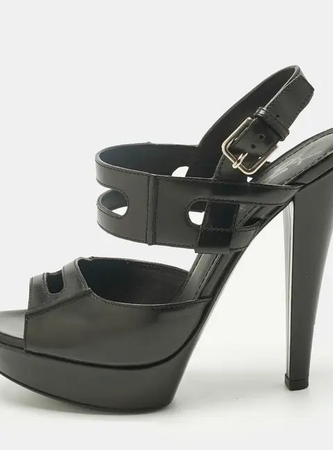 Saint Laurent Black Leather Double Cutout Strap Ankle Strap Sandals Size 36.5
