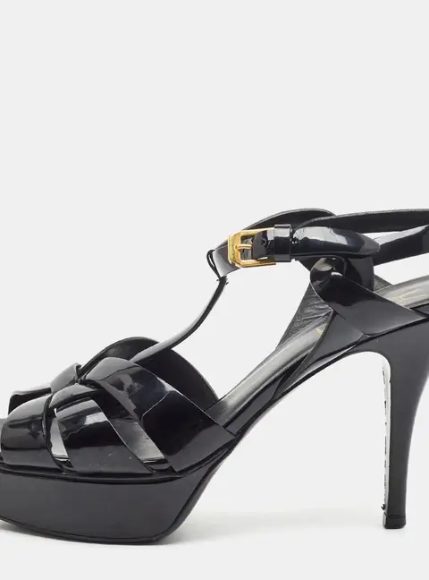 Saint Laurent Tribute Size 38 Black Patent Leather Ankle Strap Sandals