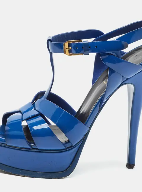 Saint Laurent Tribute Size 35 Blue Patent Leather Ankle Strap Sandals