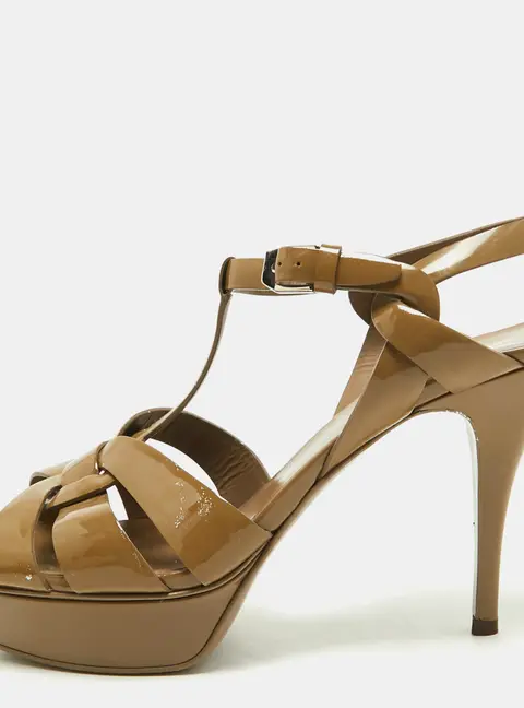Saint Laurent Tribute Size 40.5 Olive Green Patent Leather Ankle Strap Sandals