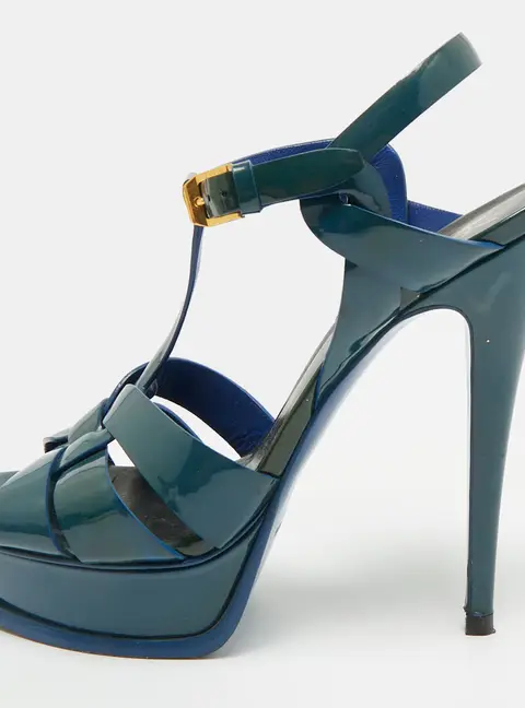 Saint Laurent Tribute Size 38 Navy Blue Patent Leather Platform Sandals