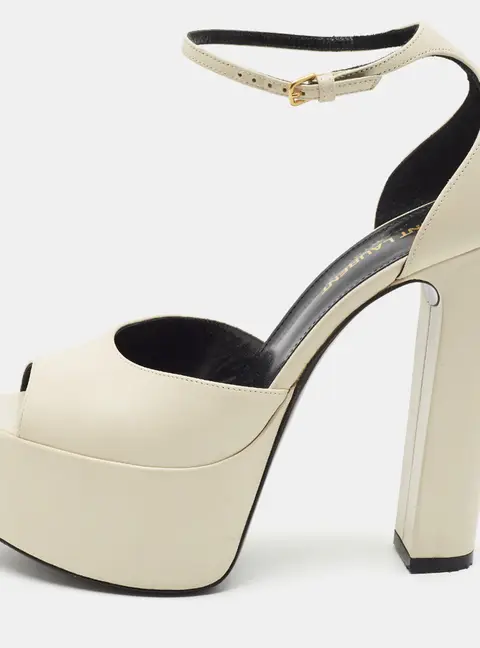 Saint Laurent Jodie Size 36.5 Cream Leather Platform Ankle Strap Sandals