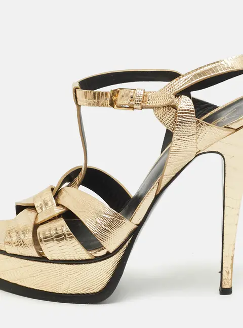 Saint Laurent Tribute Size 39 Gold Lizard Embossed Leather Ankle Strap Sandals