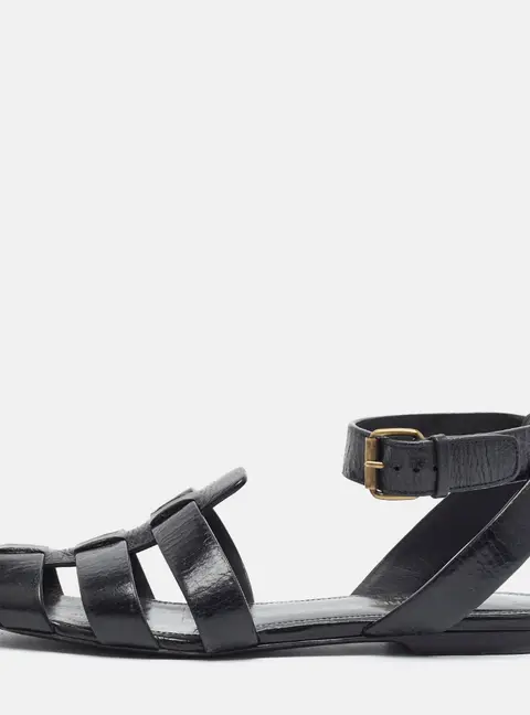 Saint Laurent Tribute Size 37.5 Black Leather Ankle Strap Flats