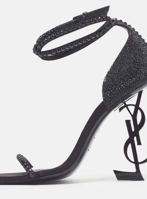 Saint Laurent Opyum Size 37 Black Crystals and Satin Ankle Strap Sandals