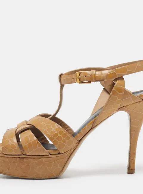 Saint Laurent Tribute Size 37.5 Beige Croc Embossed Leather Platform Sandals