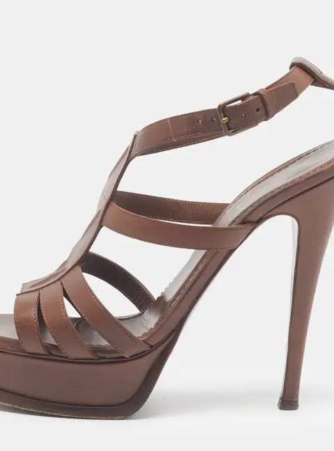 Saint Laurent Tribute Size 38.5 Dark Brown Leather Platform Sandals