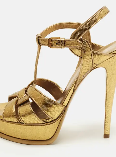 Saint Laurent Tribute Size 39 Gold Lizard Embossed Leather Ankle Strap Sandals