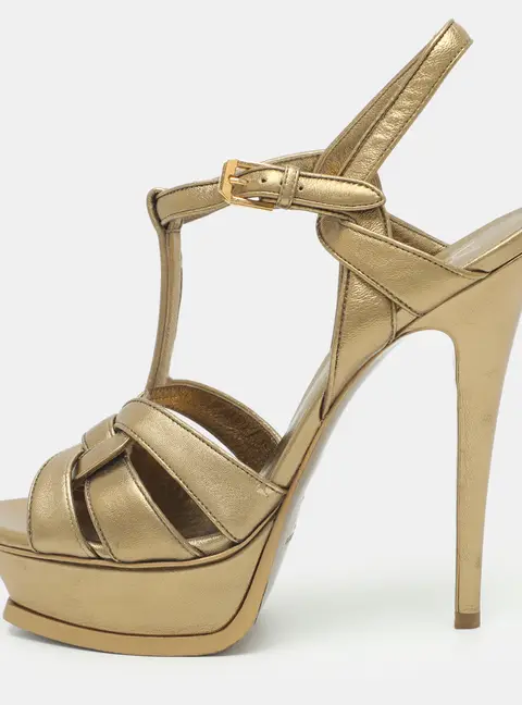 Saint Laurent Tribute Size 38 Gold Leather Ankle Strap Sandals
