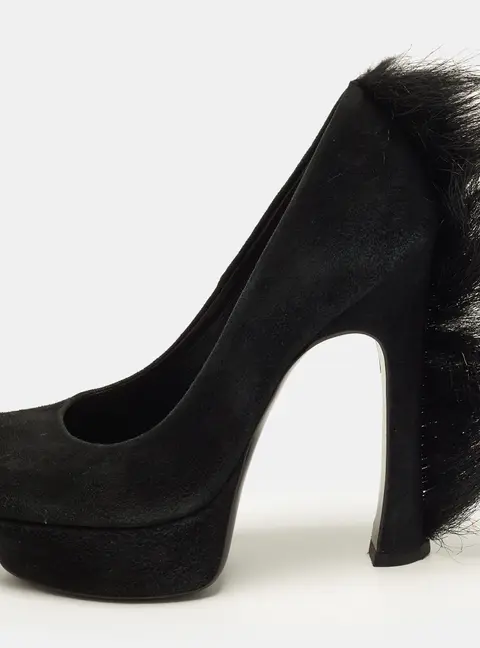 Saint Laurent Palais Size 36.5 Black Fur and Suede Platform Pumps