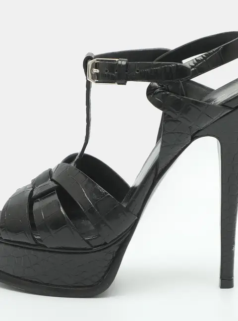 Saint Laurent Tribute Size 35.5 Black Croc Embossed Leather Ankle Strap Sandals