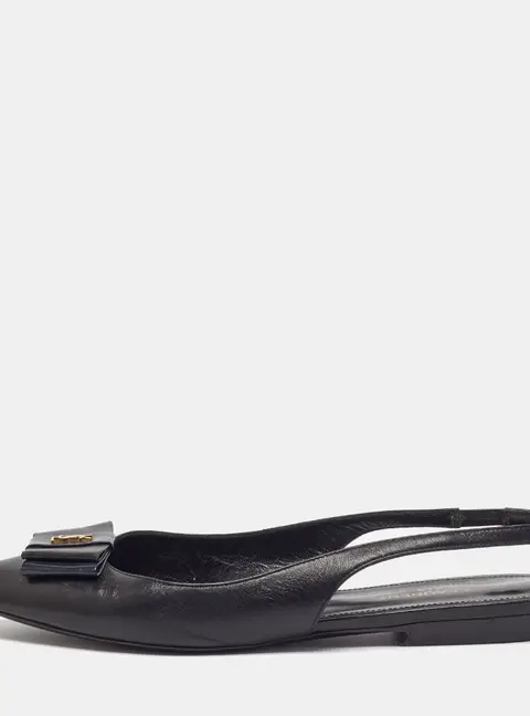 Saint Laurent Anais Size 37.5 Black Leather Bow Slingback Flats