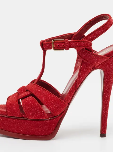 Saint Laurent Tribute Size 37.5 Red Metallic Embossed Suede Platform Sandals