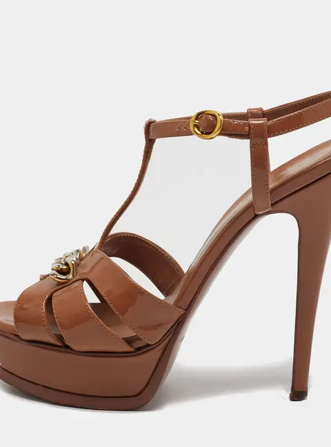 Saint Laurent Tribute Size 37.5 Brown Patent Leather Ankle Strap Sandals