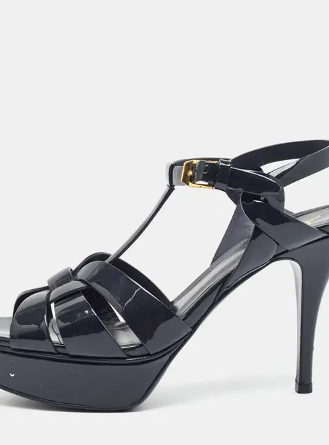 Saint Laurent Tribute Size 38.5 Navy Blue Patent Leather Platform Sandals