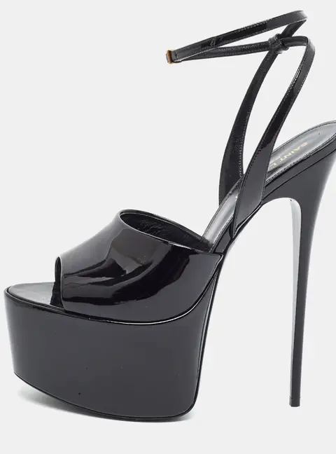 Saint Laurent Kika Size 38 Black Patent Leather Ankle Strap Platform Sandals