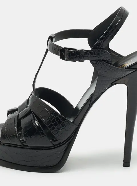 Saint Laurent Size 39 Black Croc Embossed Leather Platform Pumps