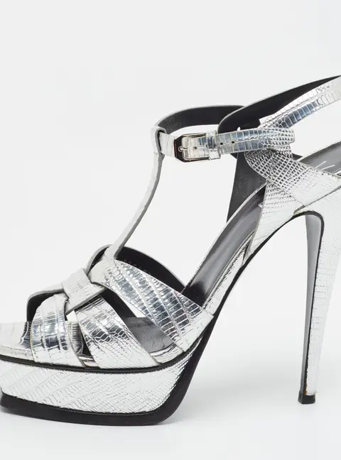 Saint Laurent Tribute Size 41 Silver Lizard Embossed Leather Platform Sandals