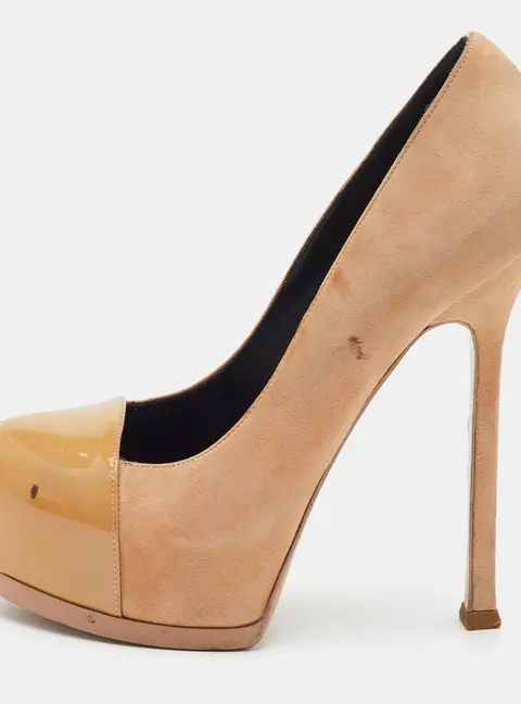 Saint Laurent Size 35.5 Beige Patent Leather and Suede Platform Pumps