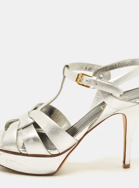 Saint Laurent Tribute Size 37.5 Silver Leather Platform Sandals