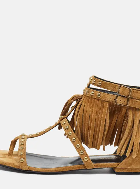 Saint Laurent Size 40 Brown Suede Fringed Detail Ankle Strap Flat Sandals