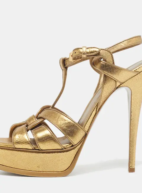 Saint Laurent Tribute Size 39 Gold Lizard Embossed Leather Platform Sandals