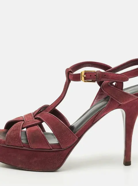 Saint Laurent Tribute Size 37 Burgundy Suede Ankle Strap Sandals