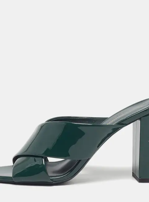 Saint Laurent Loulou Size 39 Green Criss Cross Patent Leather Mules