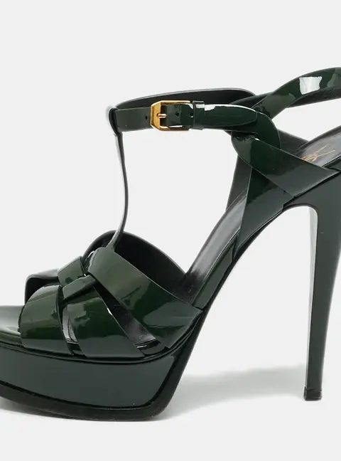 Saint Laurent Tribute Size 38 Green Patent Leather Platform Sandals