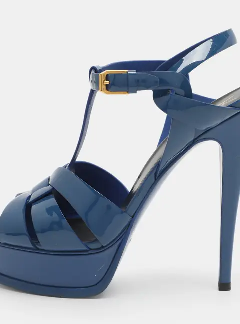Saint Laurent Tribute Size 39 Blue Patent Leather Ankle Strap Sandals
