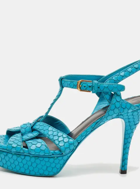 Saint Laurent Tribute Size 38 Blue Python Embossed Leather Platform Sandals