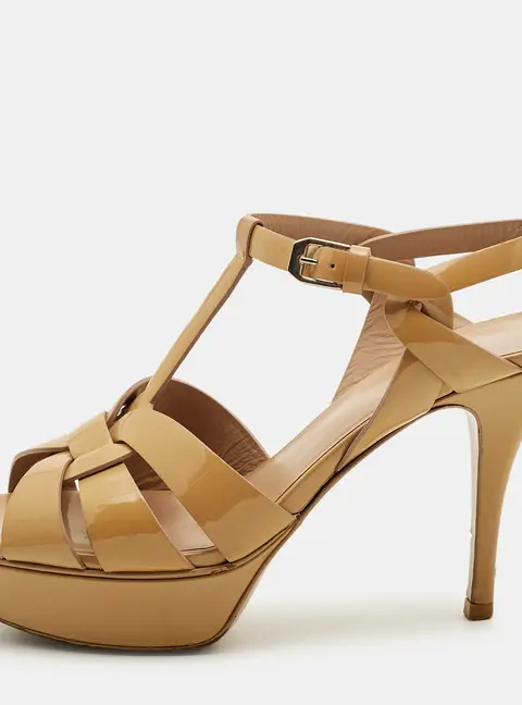 Saint Laurent Tribute Size 37.5 Beige Patent Leather Platform Sandals