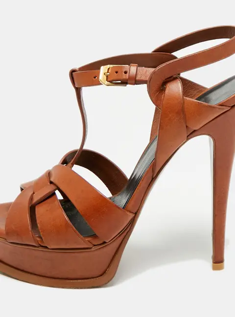 Saint Laurent Tribute Size 38 Brown Leather Platform Sandals