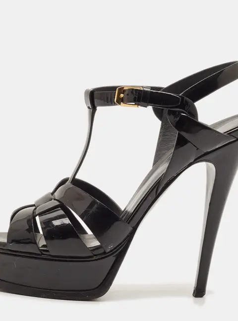 Saint Laurent Tribute Size 39.5 Black Patent Leather Platform Sandals