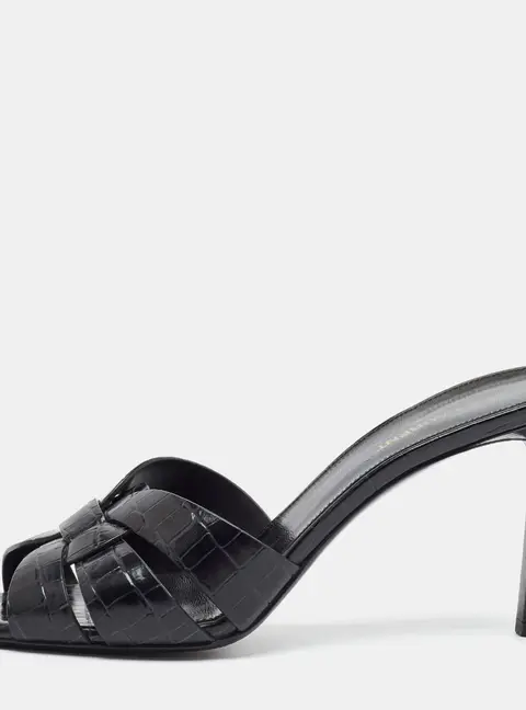 Saint Laurent Tribute Size 40.5 Black Croc Embossed Leather Slide Sandals