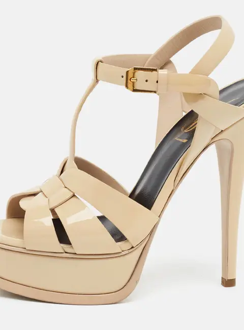 Saint Laurent Tribute Size 35 Beige Patent Leather Ankle Strap Sandals