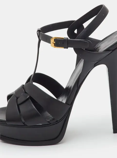Saint Laurent Tribute Size 39 Black Leather Platform Sandals