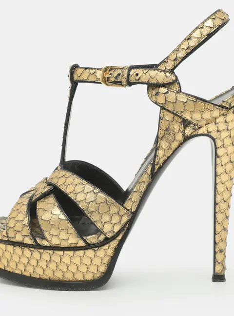 Saint Laurent Tribute Size 38.5 Gold Python Embossed Leather Platform Sandals