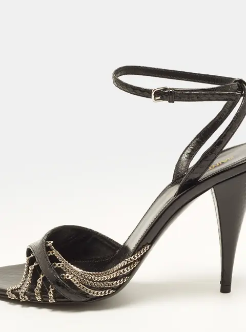 Saint Laurent Size 38 Black Snakeskin Leather Chain Cristal Ankle Strap Sandals