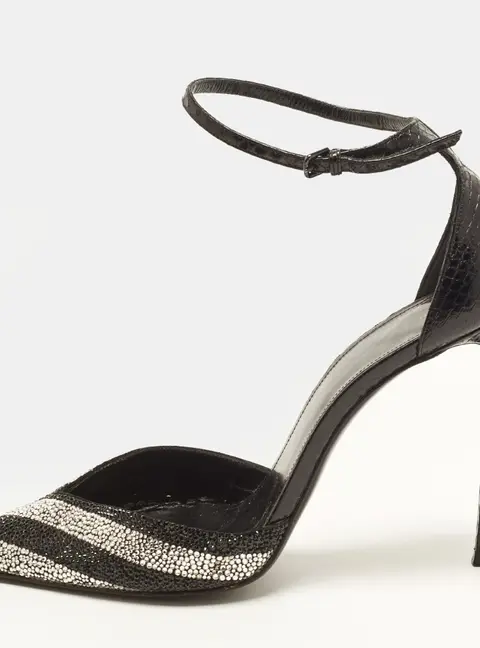 Saint Laurent Zoe Size 40 Black/Silver Water Snakeskin and Suede Crystal Embellished Ankle Strap Pumps