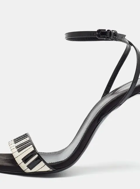 Saint Laurent Abbey Piano Size 39 Black/White Patent Leather and Satin Ankle Strap Sandals