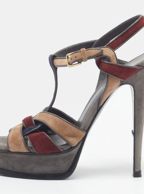 Saint Laurent Tribute Size 37 Multicolor Leather and Suede Platform Sandals