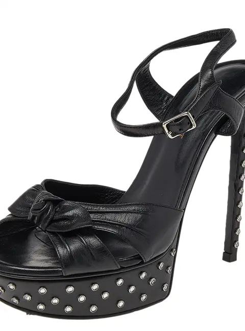 Saint Laurent Black Leather Embellished Platform Ankle Strap Sandals Size 38